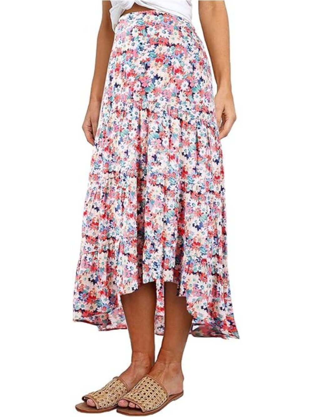 Women's High Low Floral Midi Skirt High Waist Flowy A-Line Viscose